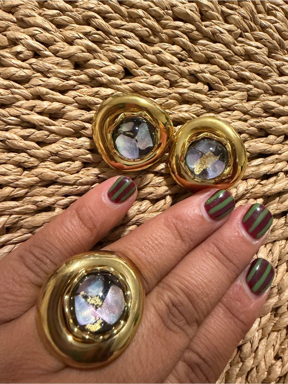 Gold-Tone Resin Inlay Statement Ring and Earrings Set - Gold